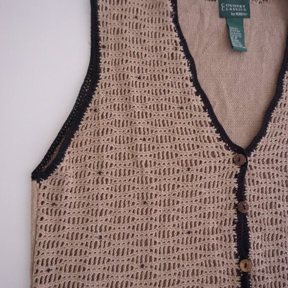 Vintage Country Classics Tan Eyelet Boho Wood Beaded Button Up Sweater Vest M - Picture 8 of 10